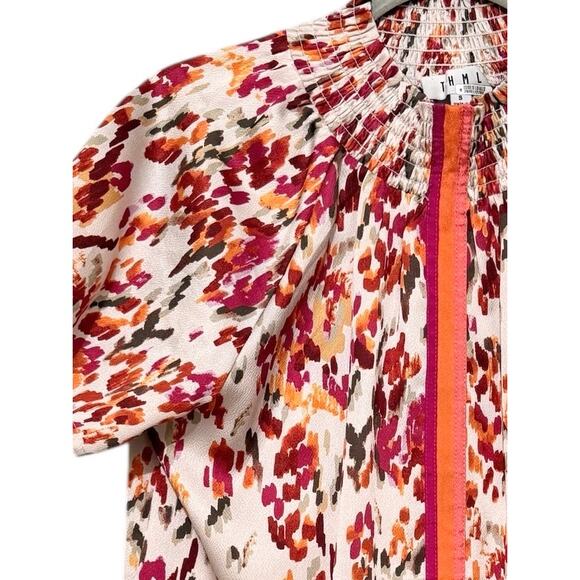 THML Ruffle Sleeve Flower Print Top Fall Colorblock Stripe Detail Smocking S - Picture 6 of 7